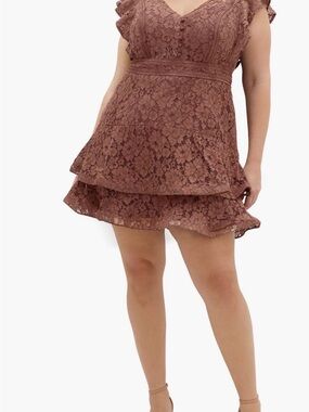 City Chic Lace Tiered Mini Dress in Dusty Rose